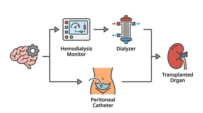 Medical diagram illustrating kidney failure treatment options including hemodialysis, peritoneal dialysis, and organ transplantation.