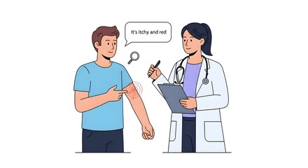 Obraz premium Male patient consulting female dermatologist doctor about itchy skin rash allergy.