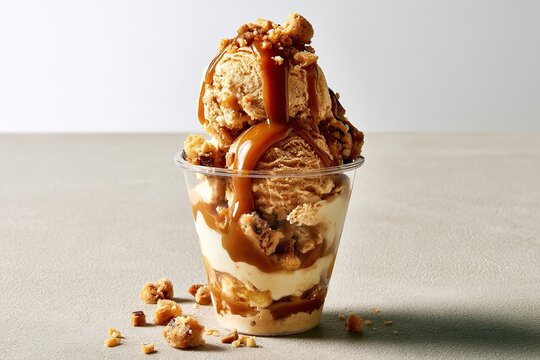 Decadent caramel ice cream sundae in clear cup with rich caramel drizzle and cookie crumble pieces on neutral tabletop.