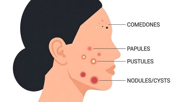 Medical vector illustration showing different types of facial acne lesions on a woman profile diagram.