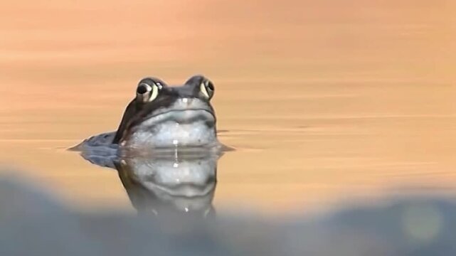 Common frog head emerging from calm water surface in a natural pond