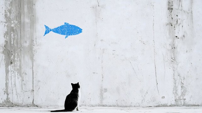 Black cat looking up at a blue fish painting on a textured white wall, stylish and unique