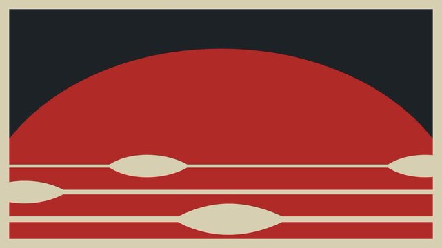 This design showcases a semi circular red shape set against horizontal striped patterns and clean graphic elements