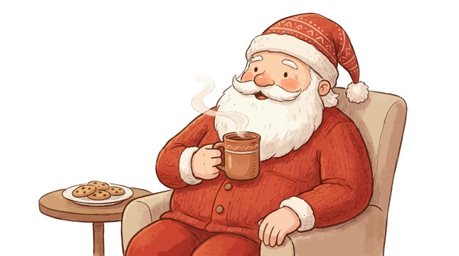 Santa Claus relaxing in armchair with hot drink and cookies