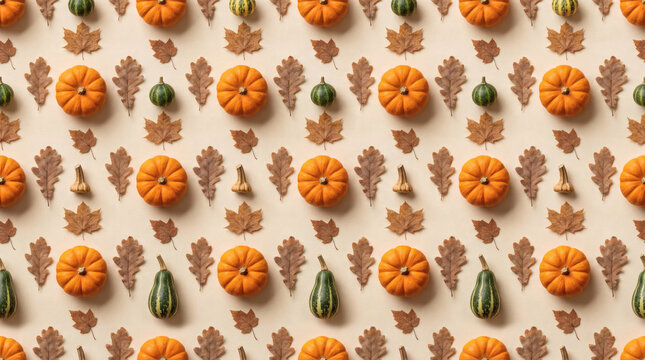Seamless autumn harvest pattern with orange pumpkin and dried leaves