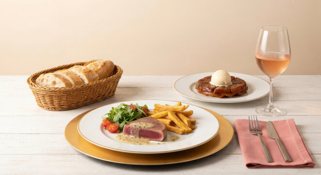 Seared tuna dish with herb butter sauce, served with rustic fries, salad, dessert, and ros&eacute; wine.