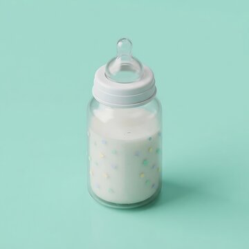 3D isometric baby bottle icon filled with milk on a soft green background