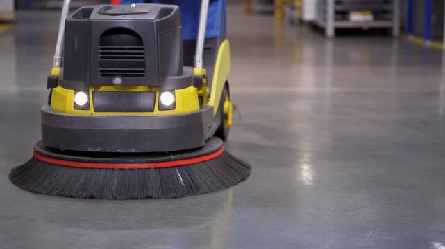 Floor scrubber moving across a warehouse