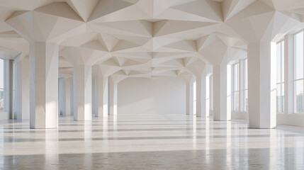 Fototapeta premium Bright Empty Hall with White Geometric Ceiling and Tall Windows