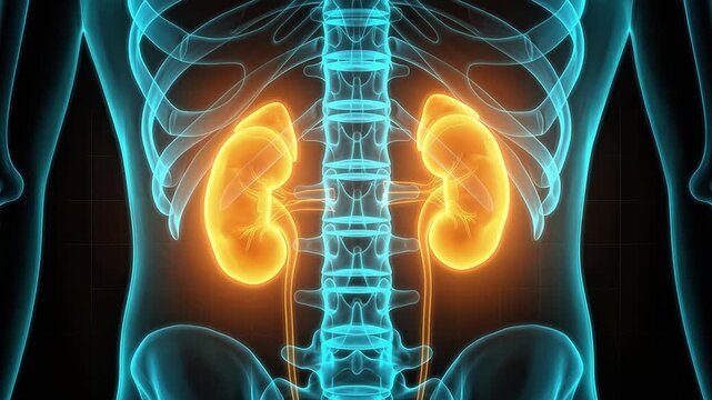 Medical animation of human kidneys highlighted in orange within a blue wireframe skeletal system showing the spine and ribcage
