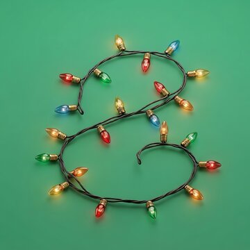 Festive Multicolored Christmas Lights String Arrangement on a Green Background