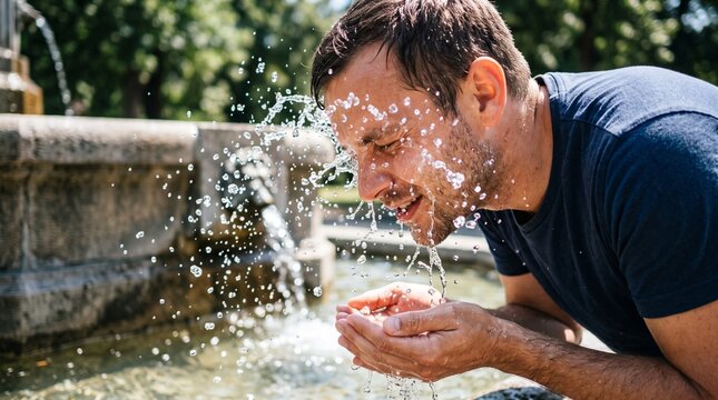 Man splashes face with cool water from a fountain on a hot summer day
