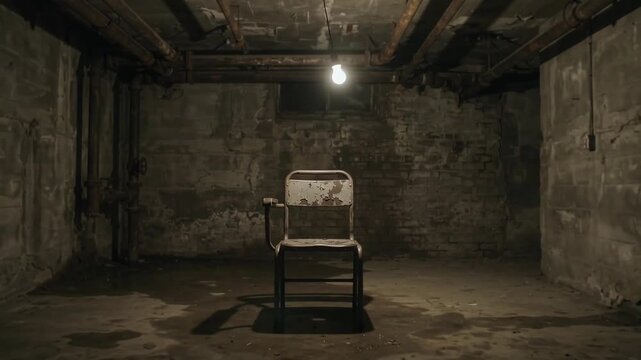 Abandoned Basement Chair Under Single Light Bulb, Spooky, Creepy, Horror, Mystery, Gloomy