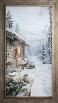 Cozy Winter Wellness Retreat Cabin with Hot Beverage and Snow Landscape View