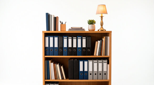Wooden bookshelf filled with binders books and a small desk lamp