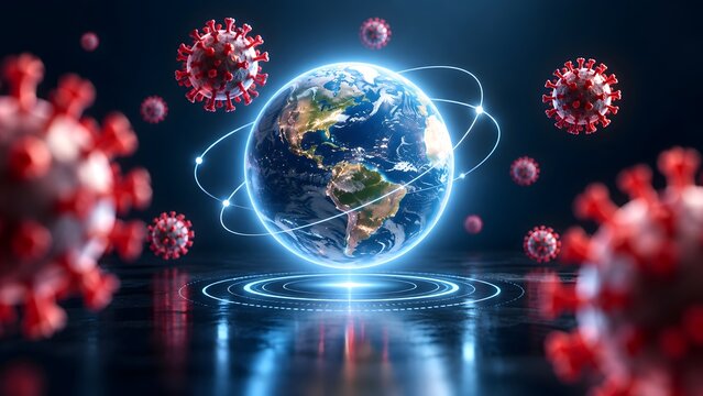 3D Glowing Holographic Earth with Red Virus Cells Illustrating Worldwide Epidemic Threat