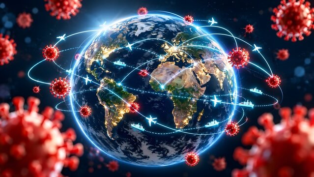 Global Pandemic Impact on International Travel and Shipping with 3D Earth and Virus Cells