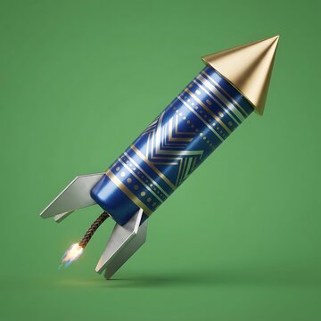 A decorative firework rocket launching against a solid green studio background