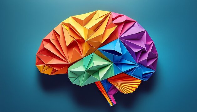 colorful origami brain creative concept displays vibrant geometric folds symbolizing creativity intelligence diversity and innovation in neuroscience art and education