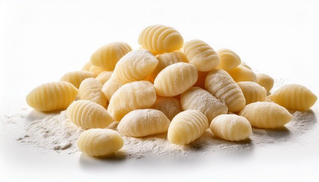 fresh uncooked gnocchi pasta isolated showing classic ridged texture handmade appearance and dusted with flour on a white background