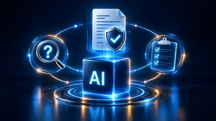 Artificial Intelligence Document Verification Concept with AI Cube Shield and Glowing Audit Icons