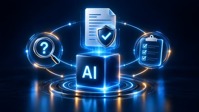 Artificial Intelligence Document Verification Concept with AI Cube Shield and Glowing Audit Icons