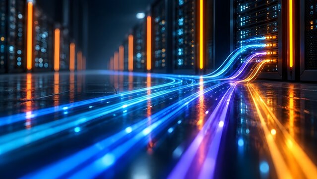 Data Transfer Visualization with Glowing Blue and Orange Fiber Optic Cables in Modern Data Center