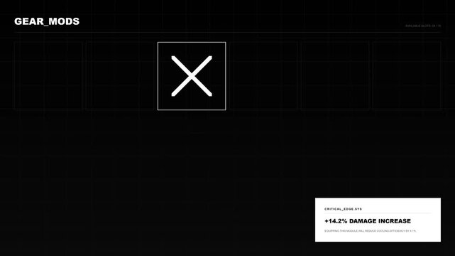 Minimalist black and white interface with gear mods and cross icon
