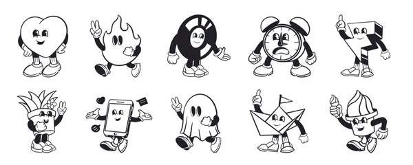 Obraz premium Vector cartoon set of cute black-and-white characters, playful mascot doodles