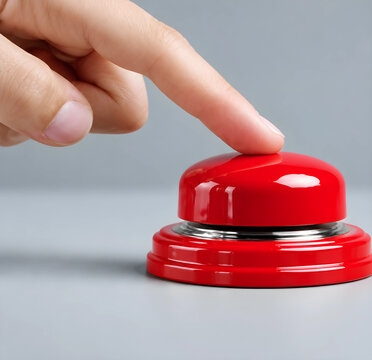 Human index finger about to press a large red panic button on gray surface