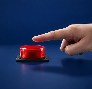 Human index finger reaching towards a round red button on a dark blue background