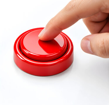Finger touching a red push button on a plain white background with human finger