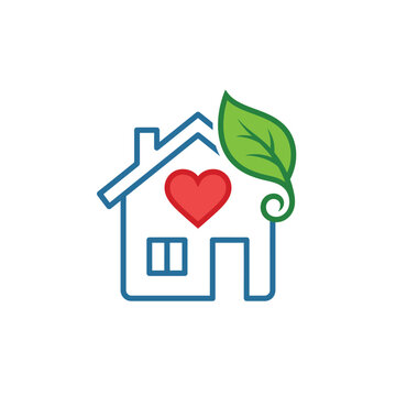 Eco-Friendly House Logo with Heart and Green Leaf Icon