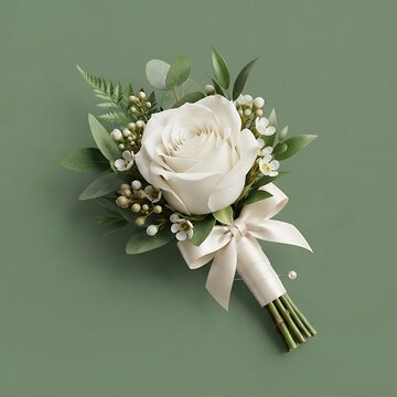 Elegant white rose boutonniere with green foliage and satin ribbon bow for wedding