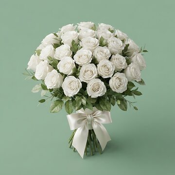 Elegant White Rose Bouquet with Silk Ribbon for Romantic Wedding Events