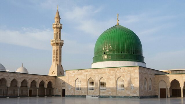 A grand mosque in Medina featuring a large green dome, tall minaret, arched windows, stone walls, and open courtyard under clear sky.