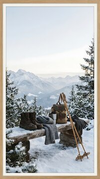 Winter Lifestyle Hiking Equipment Resting on a Wooden Bench in Alpine Mountain Scenery