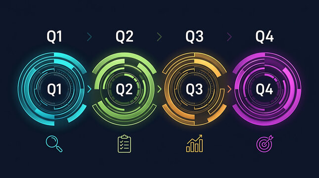Abstract futuristic infographic with four quarters Q1 to Q4 and technology interface elements for business presentation