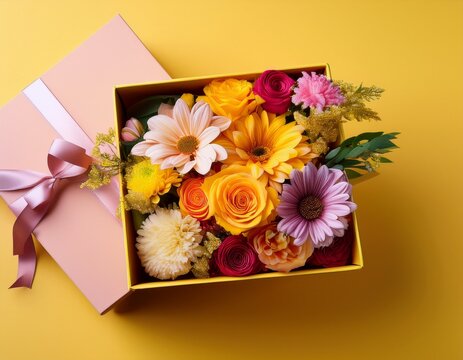 bouquet of flowers in a gift box on a yellow background