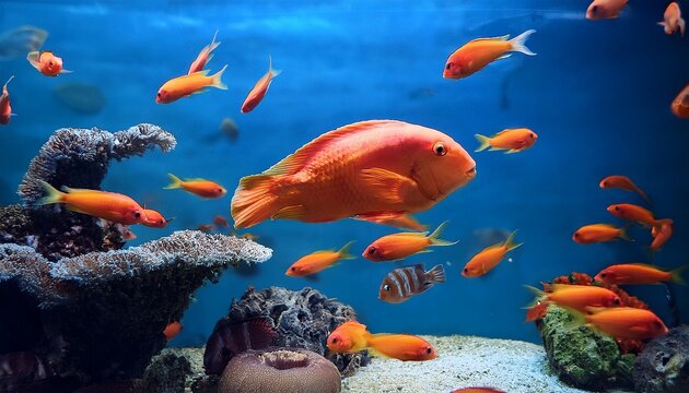 shoal of orange parrot fish swims in the sea underwater near coral reef cichlid fish in the aquarium