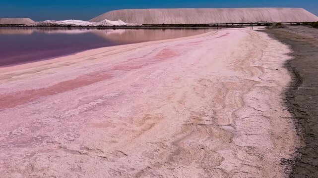 Pink lakes salt marshes, salt mining medieval town of Aigues-Morte, Camargue, France. High quality 4k footage