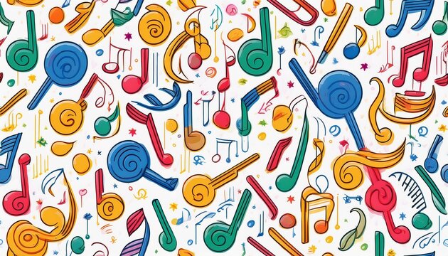 musical seamless pattern with multicolored notes keys and signs on white background