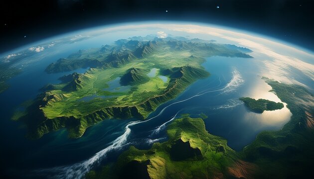 orbital view of earth a breathtaking view from space reveals a vast expanse of earth s surface showcasing lush green mountains winding rivers and a distant coastline