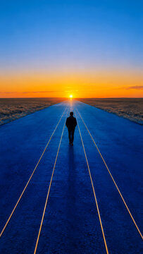 Lone man walking on a blue road towards a glowing sunset