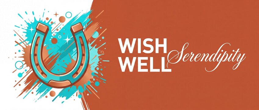 Lucky horseshoe graphic design illustration with Wish Well Serendipity typography text on abstract teal paint splatter background for good fortune, wealth, and prosperity banner concept
