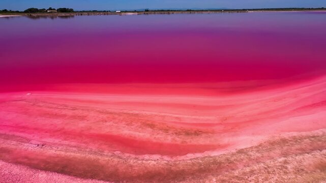 Pink lakes salt marshes, salt mining medieval town of Aigues-Morte, Camargue, France. High quality 4k footage