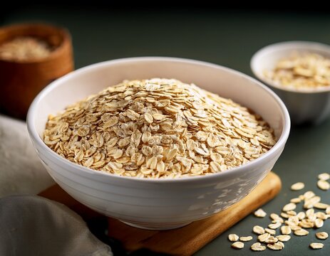 bowl of rolled oats a simple white bowl filled with a generous portion of rolled oats ready to be prepared for a healthy and satisfying meal