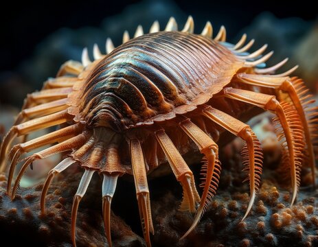 triops cancriformis close up a detailed macro shot showcases the intricate shell and multiple appendages of a triops cancriformis a prehistoric crustacean