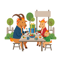 Fototapeta premium Anthropomorphic goats family celebrating at a table