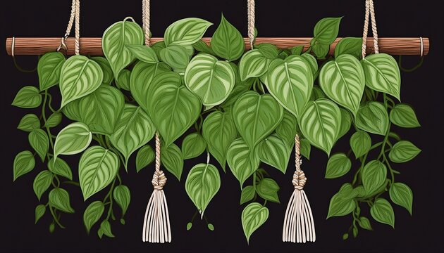 hanging pothos plant in macrame hanger a vibrant green pothos plant with heart shaped leaves cascades elegantly from a handmade macrame hanger